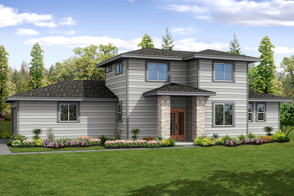 Front elevation of Prairie home (ThePlanCollection: House Plan #108-1869)