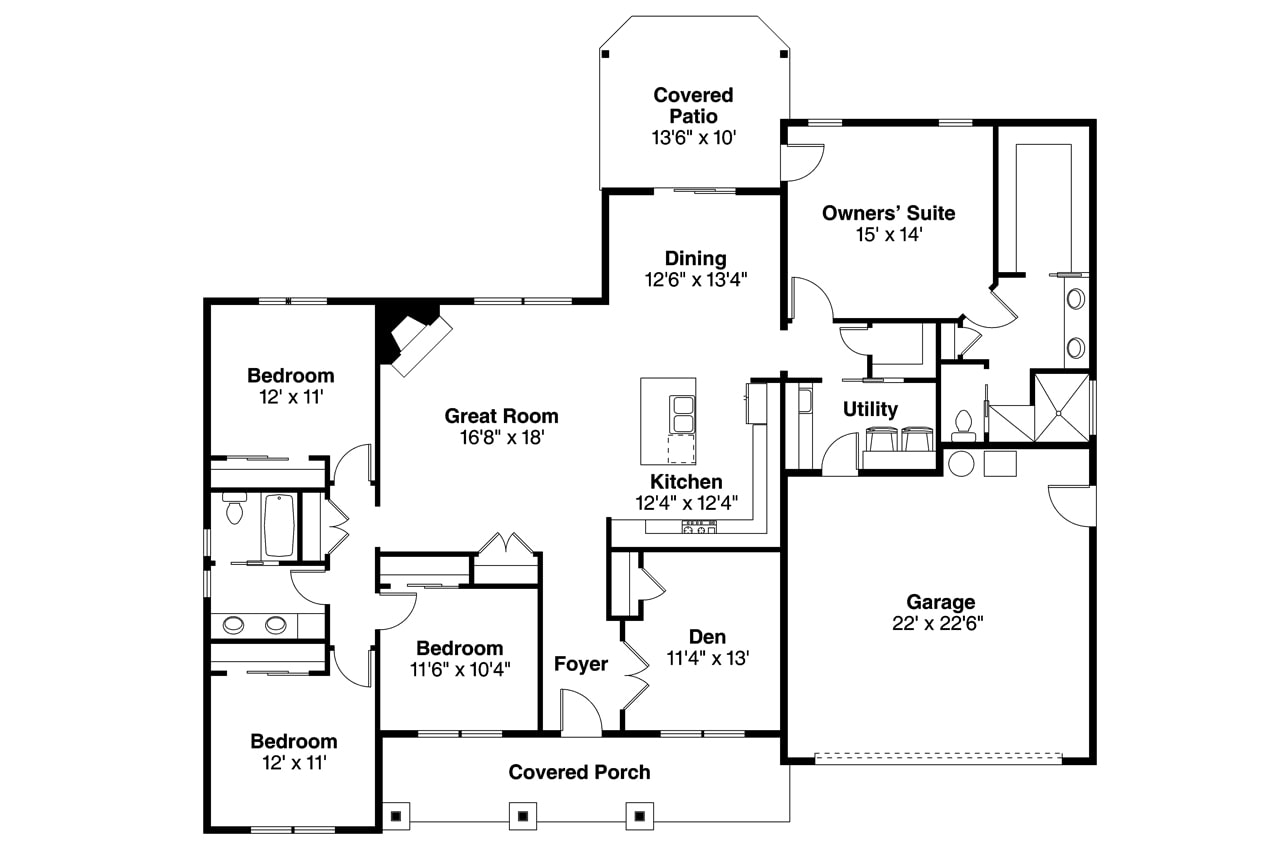 Floor Plan Main Level of Ranch Plan #108-1901