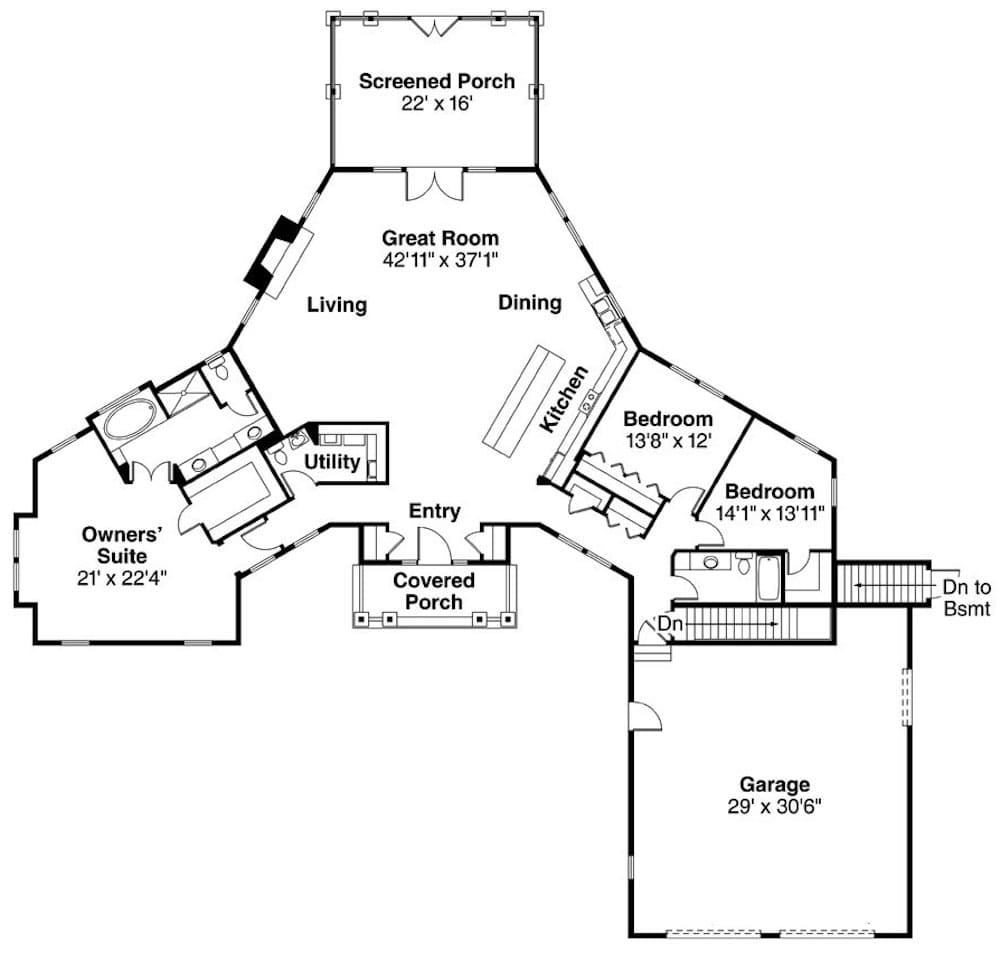 Floor Plan Main Level of Country Plan #108-1905
