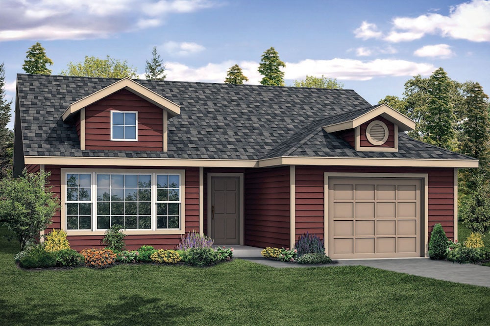 Front elevation of two bedroom Ranch home (ThePlanCollection: House Plan #108-1909)