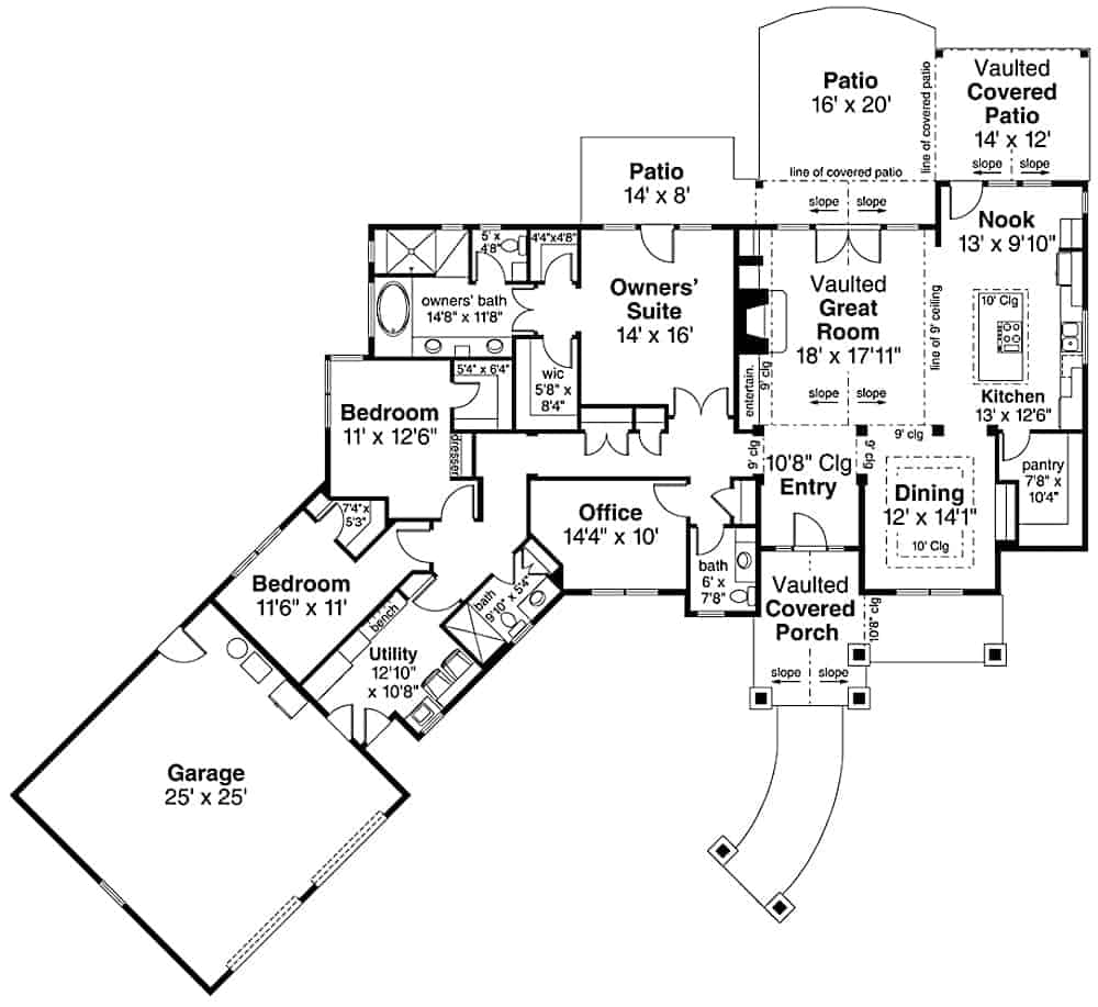 Floor Plan Main Level of Ranch Plan #108-1912