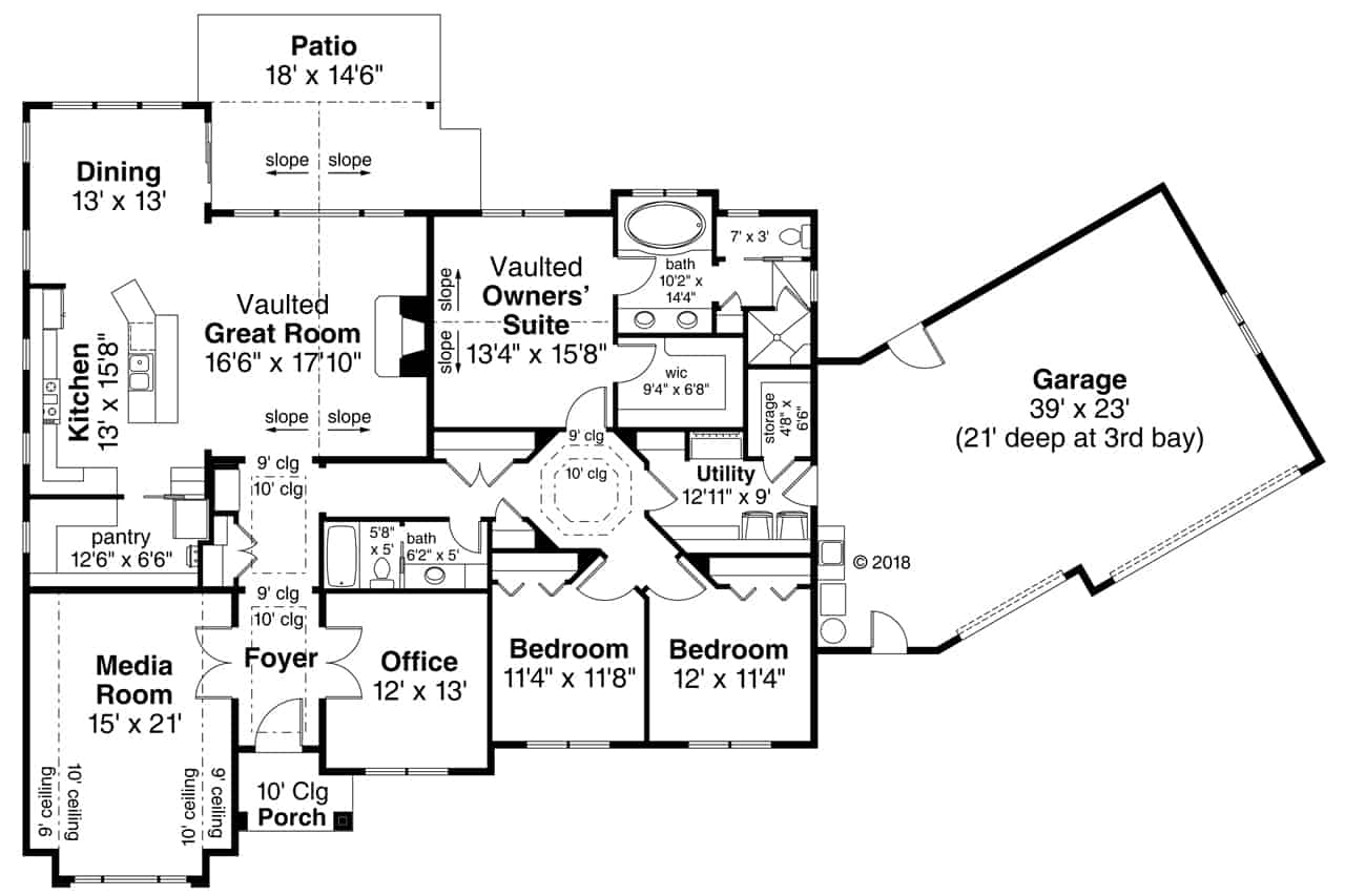 Floor Plan Main Level of Ranch Plan #108-1918