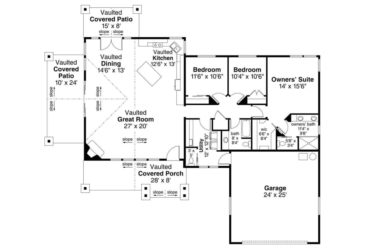 Floor Plan Main Level of Ranch Plan #108-1920