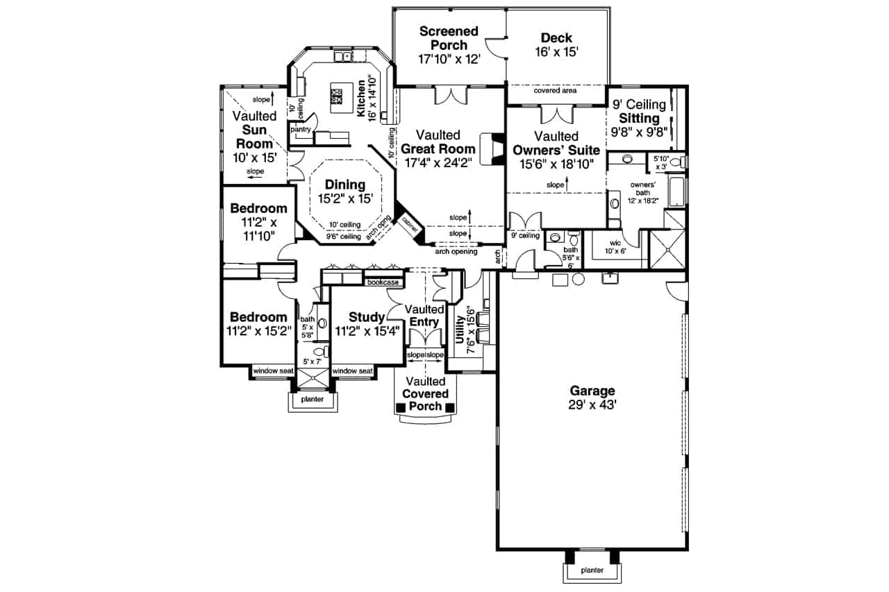 Floor Plan Main Level of Ranch Plan #108-1928
