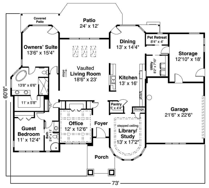 Floor Plan Main Level of Craftsman Plan #108-1933