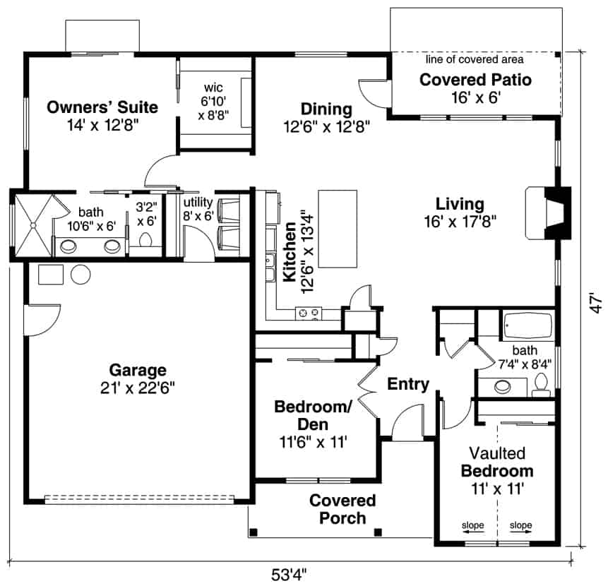 Floor Plan Main Level of Ranch Plan #108-1935