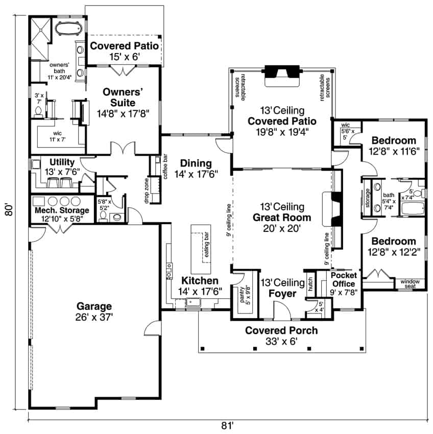 Floor Plan Main Level of Ranch Plan #108-1942