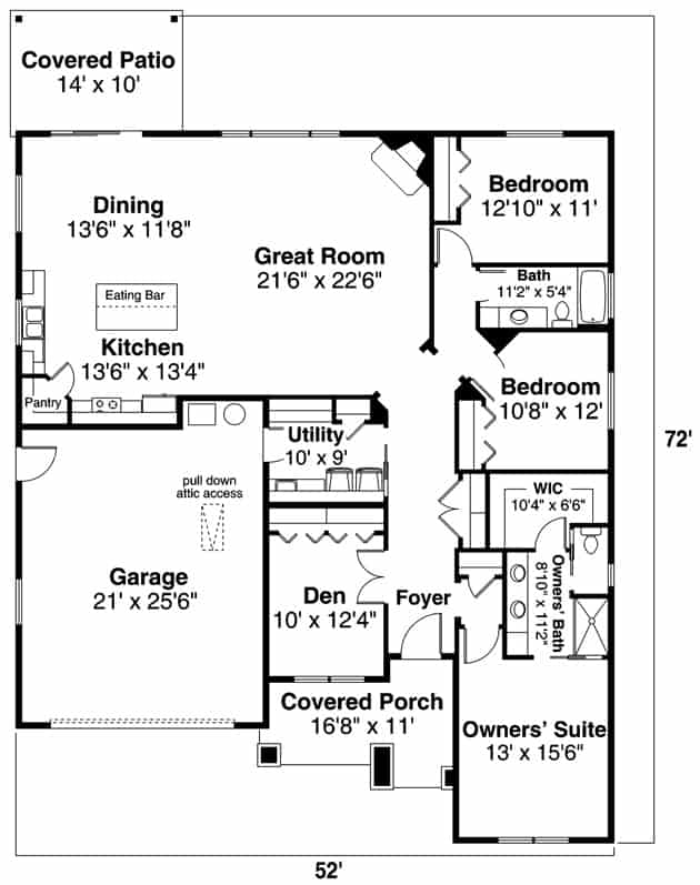 Floor Plan Main Level of Craftsman Plan #108-1943