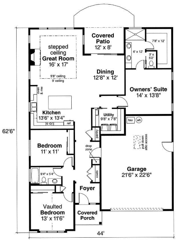 Floor Plan Main Level of Ranch Plan #108-1944