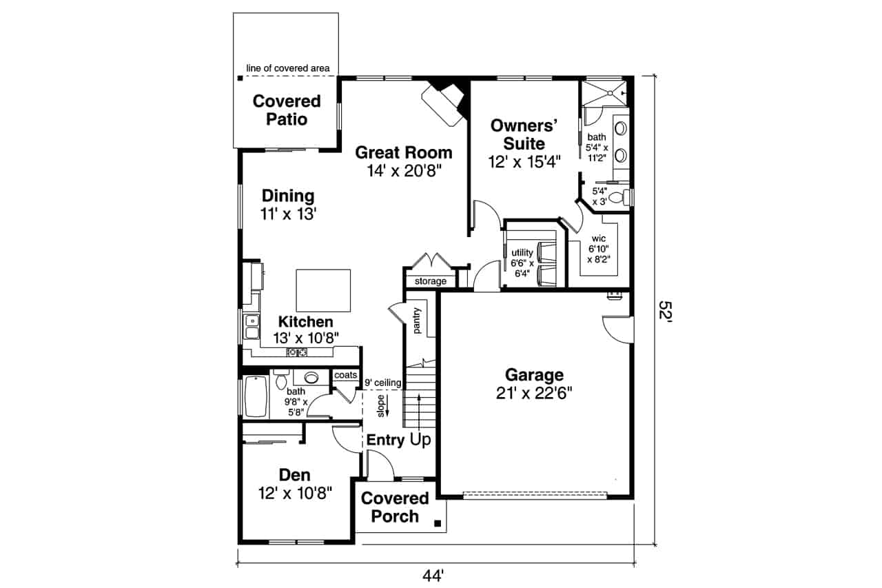 Floor Plan Main Level of Farmhouse Plan #108-1948