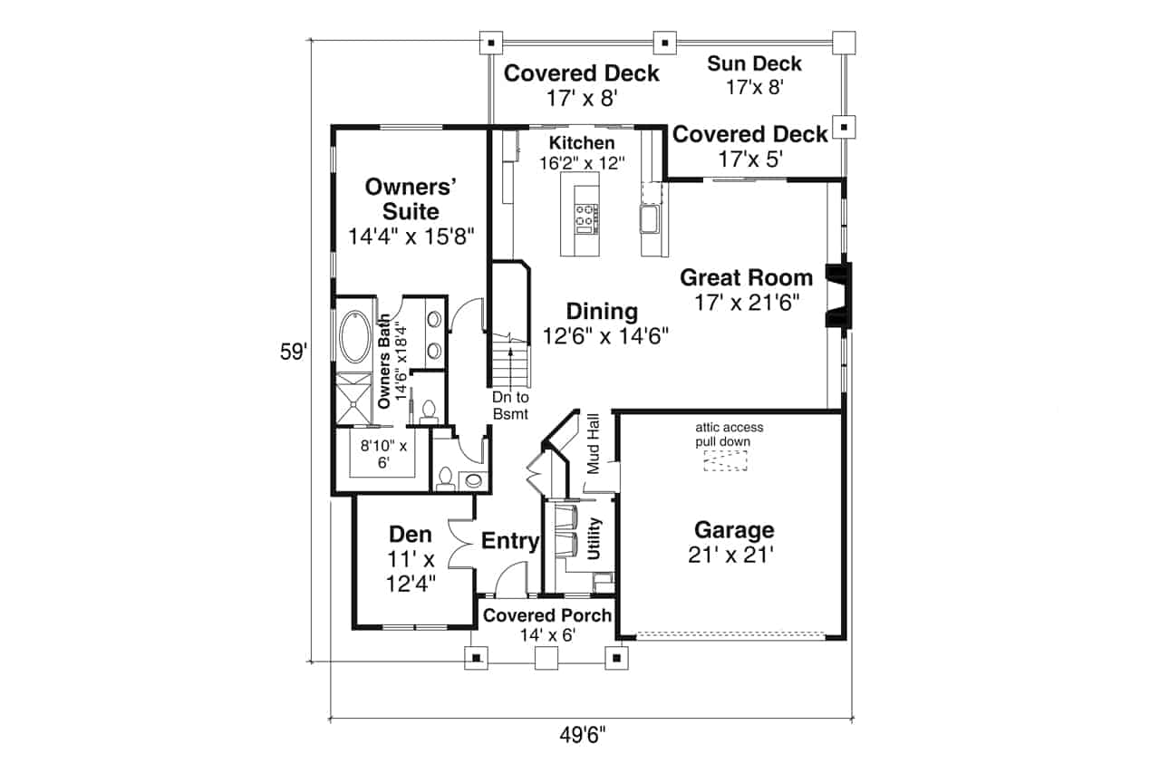 Floor Plan Main Level of Ranch Plan #108-1951