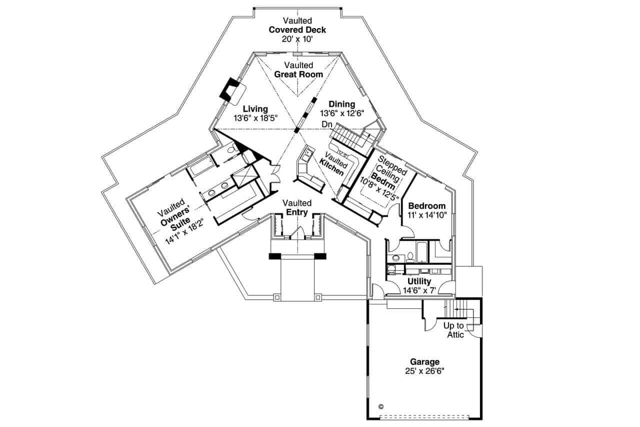 Floor Plan Main Level of Ranch Plan #108-1953
