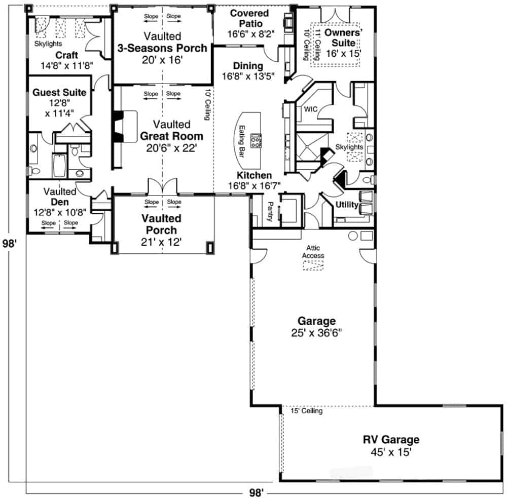 Floor Plan Main Level of Craftsman Plan #108-1971