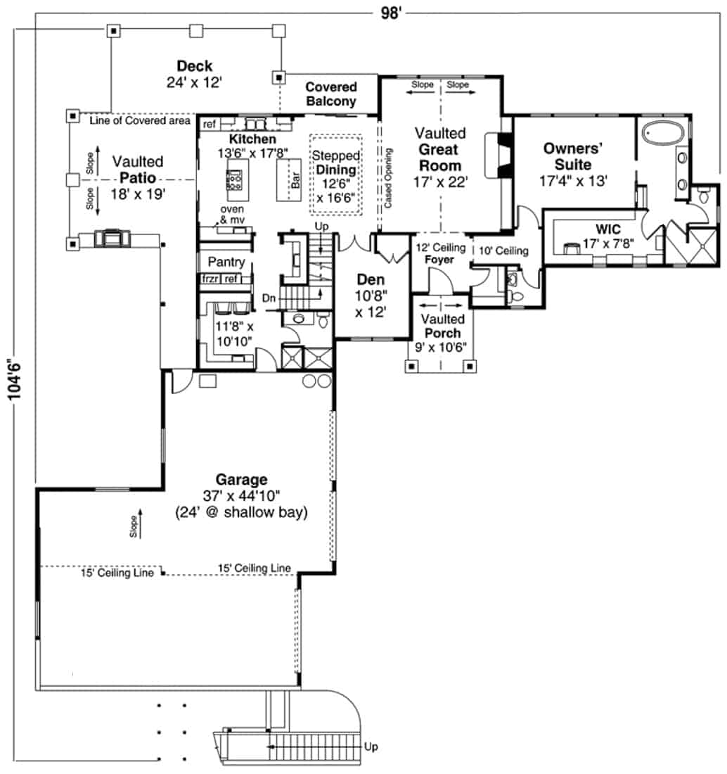 Floor Plan Main Level of Farmhouse Plan #108-1974