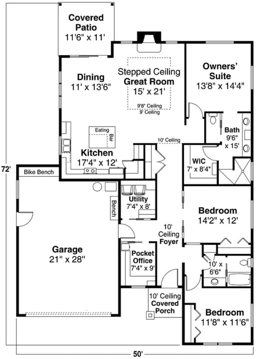 Floor Plan Main Level of Ranch Plan #108-1976