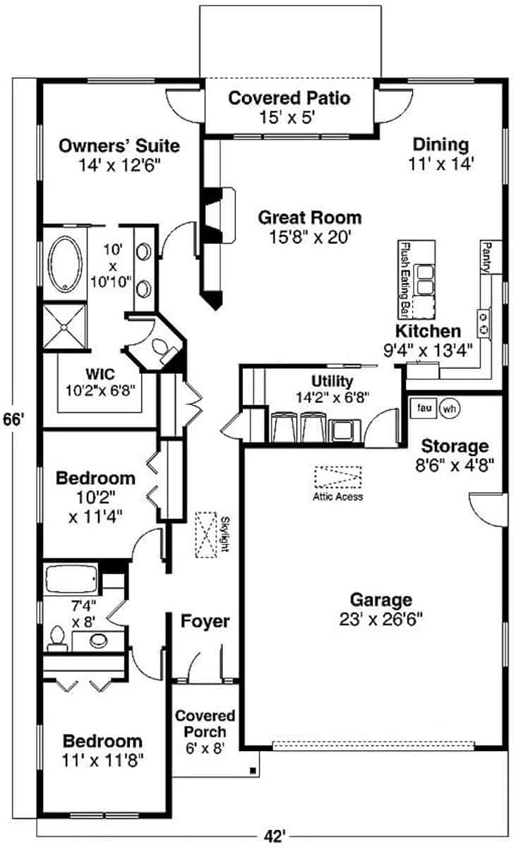 Floor Plan Main Level of Ranch Plan #108-1977