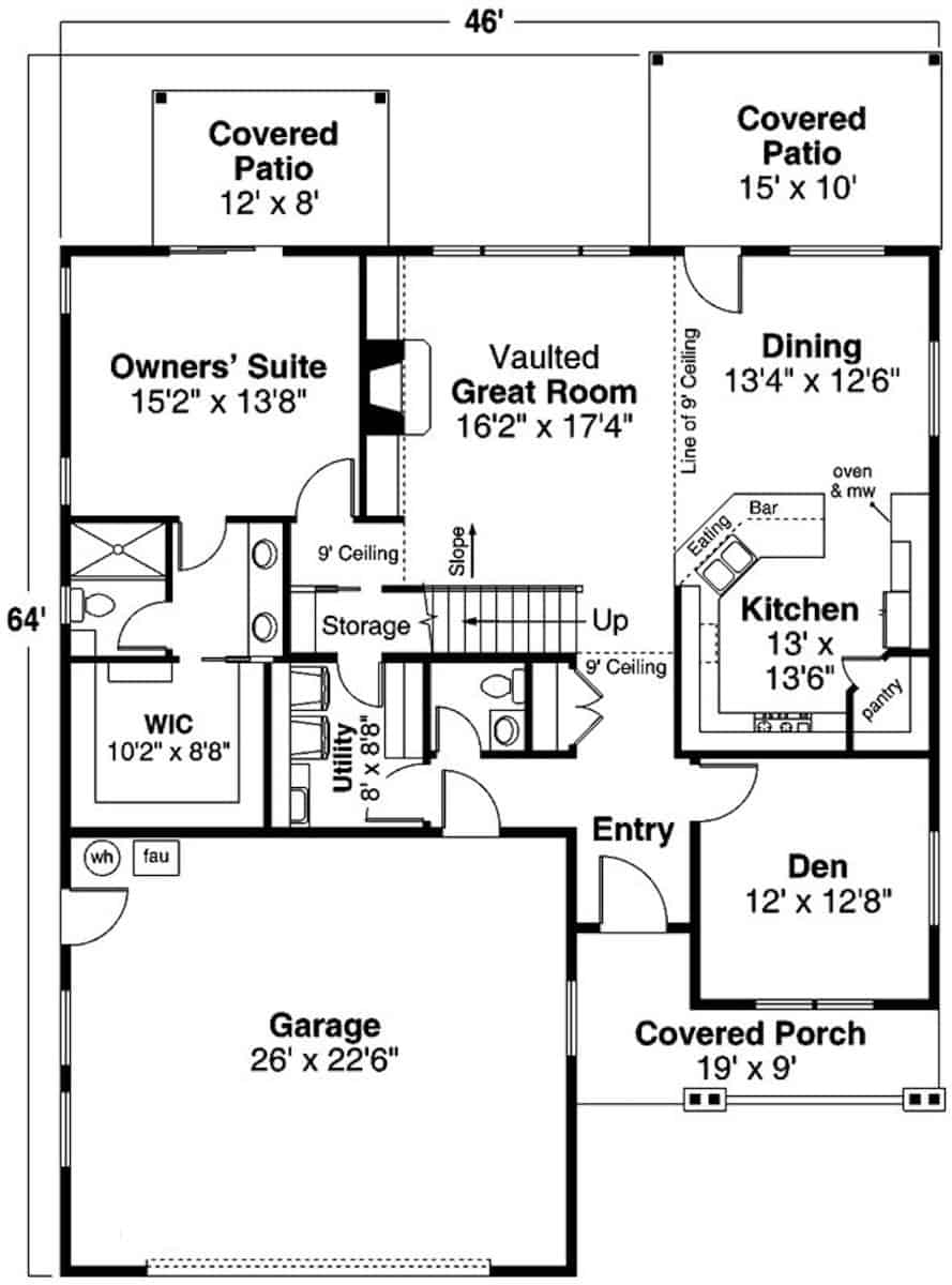 Floor Plan Main Level of Farmhouse Plan #108-1978