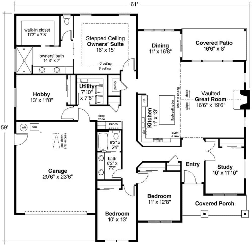 Floor Plan Main Level of Ranch Plan #108-1981