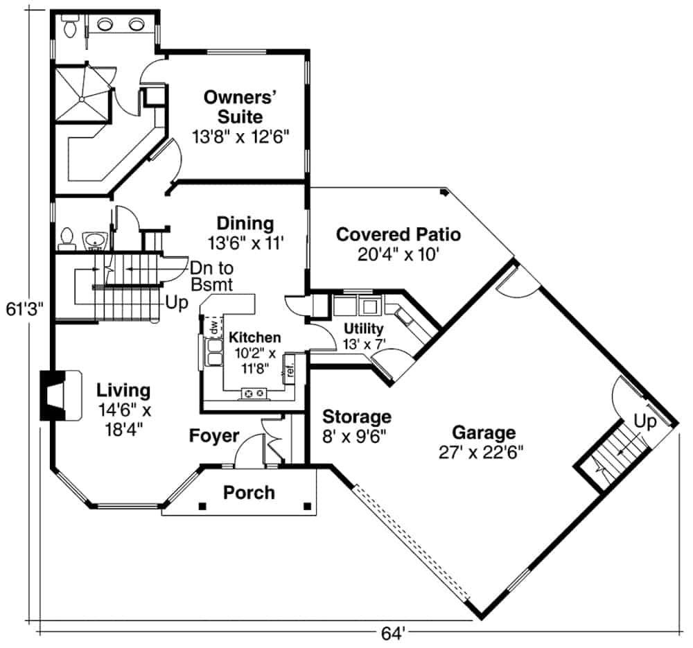 Floor Plan Main Level of Farmhouse Plan #108-1982