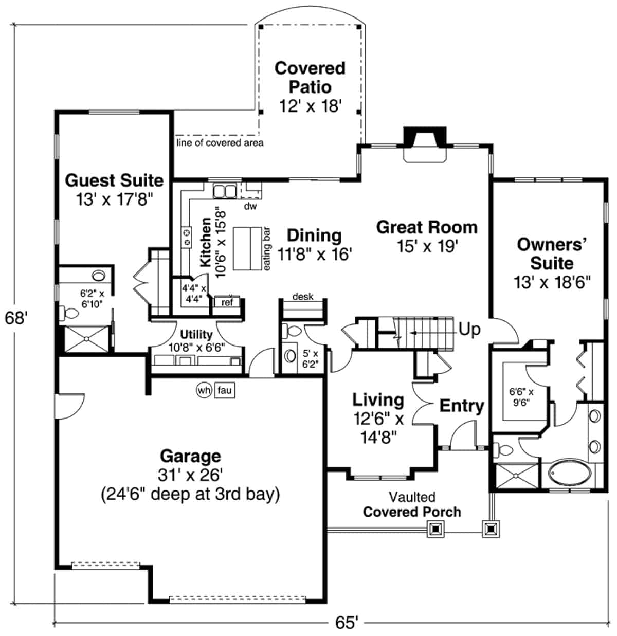 Floor Plan Main Level of Farmhouse Plan #108-1983