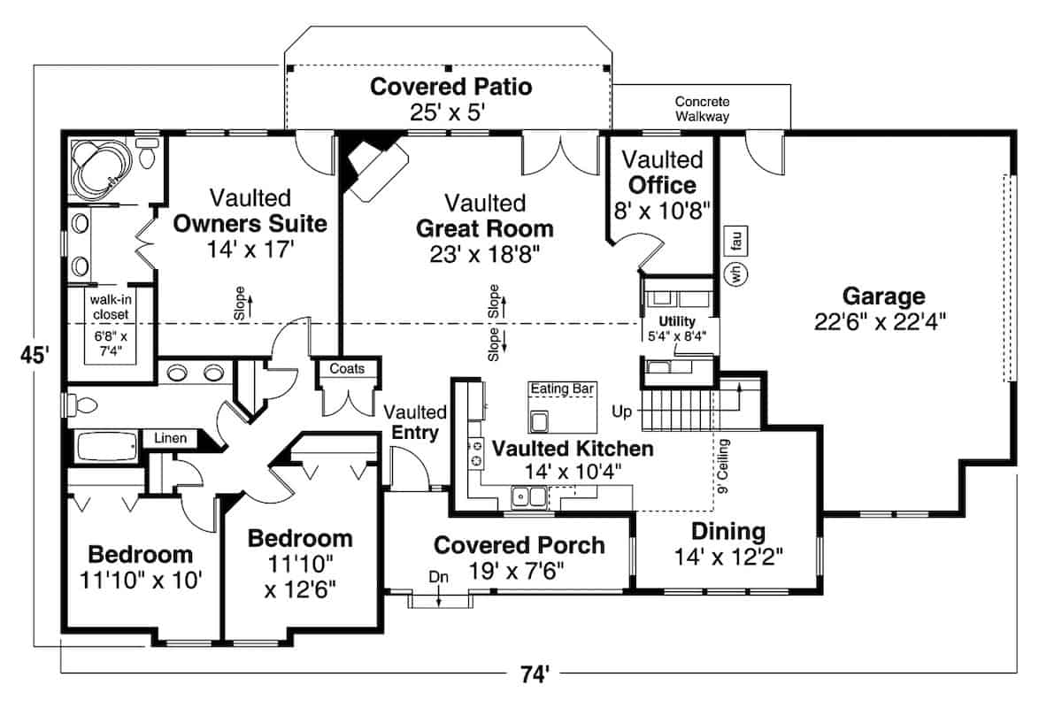Floor Plan Main Level of Ranch Plan #108-1985