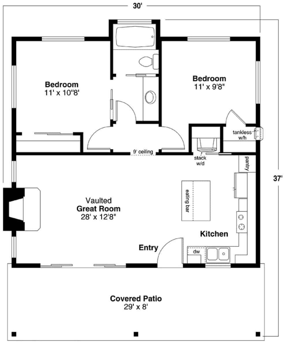 Main Level of Cottage Plan #108-2034