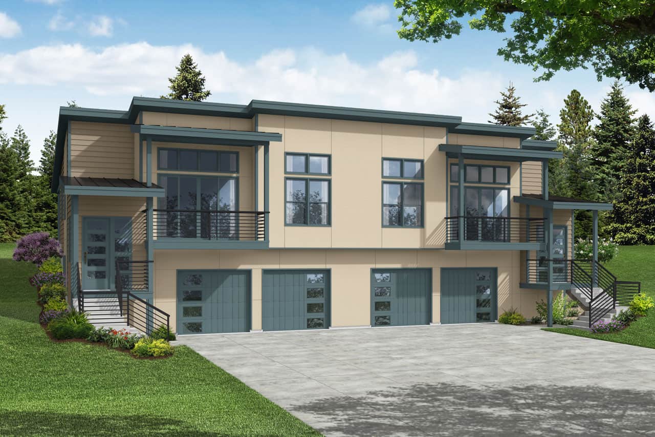 Front elevation of Contemporary duplex home (ThePlanCollection: House Plan #108-2051)
