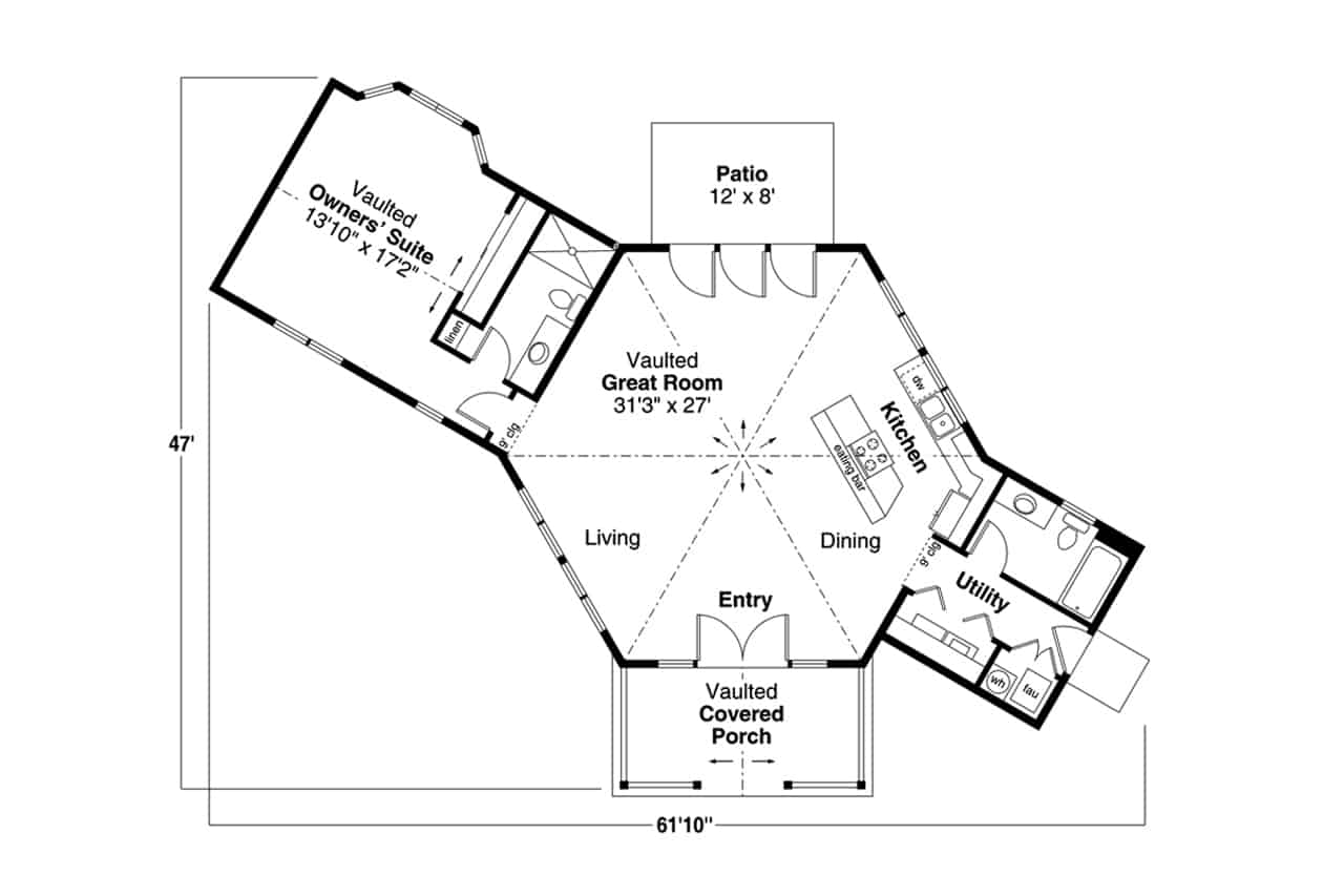 Main Level of Cottage Plan #108-2052
