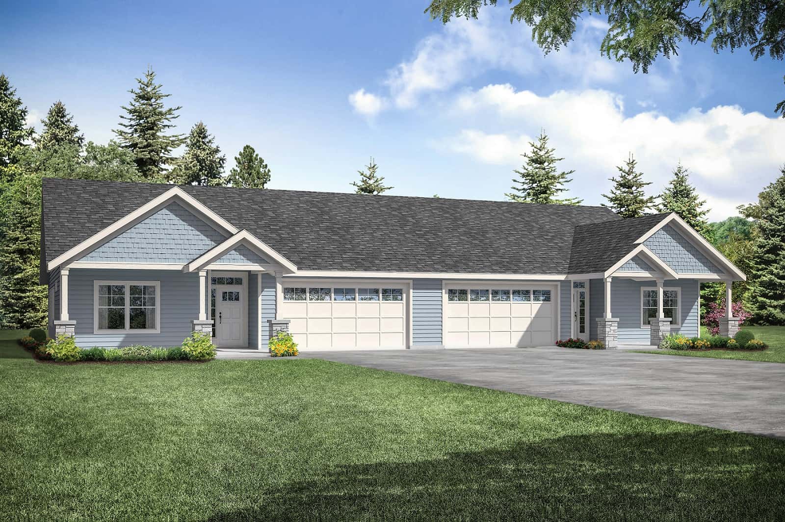 Front elevation of Duplex Ranch home (ThePlanCollection: House Plan #108-2057)