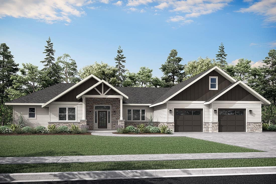 Front elevation of Craftsman ranch home (ThePlanCollection: House Plan #108-2091)