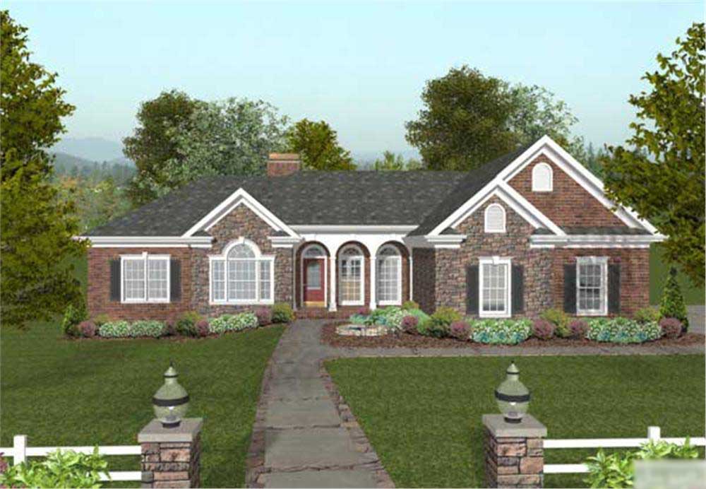 This is a computer-generated image of the front of these Ranch Houseplans.