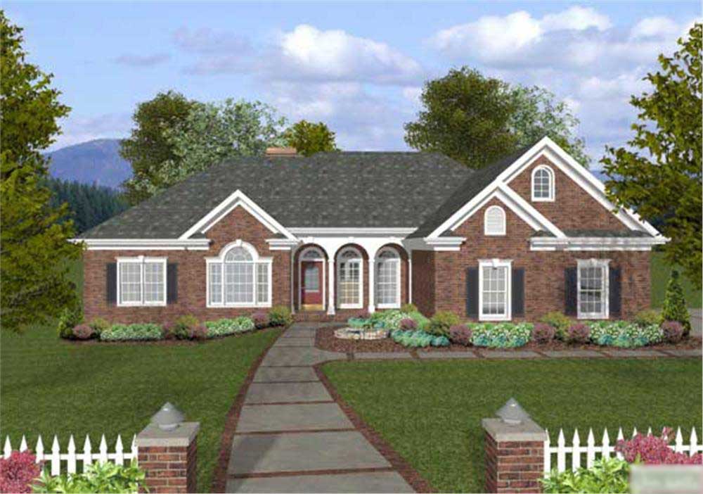 This image shows the front elevation of these Ranch Homeplans.