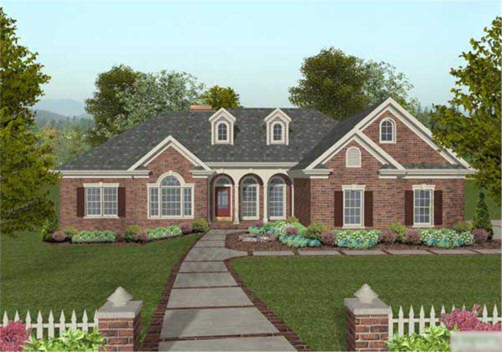 This is a computerized front elevation for these Traditional Ranch Houseplans.