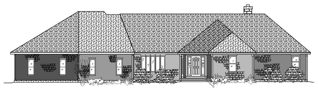 This is the black and white front elevation of these Ranch Homeplans.