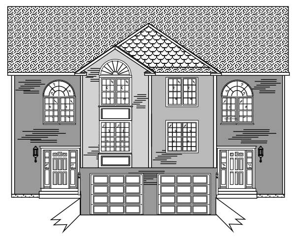 This is a black and white front elevation of these Multi-Unit House Plans.