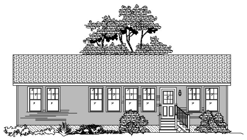 This image shows the front elevation in black in white of these Ranch House Plans.