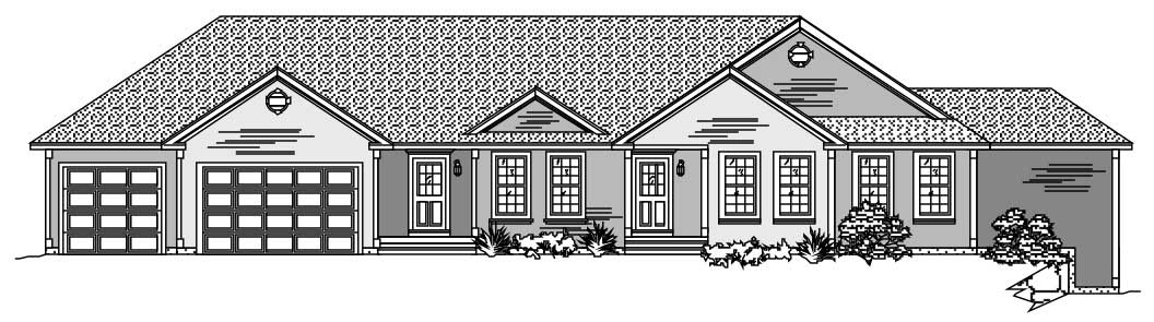 This is the front elevation of these Ranch Houseplans.