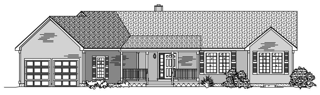 This is a black and white front elevation of these Ranch House Plans.