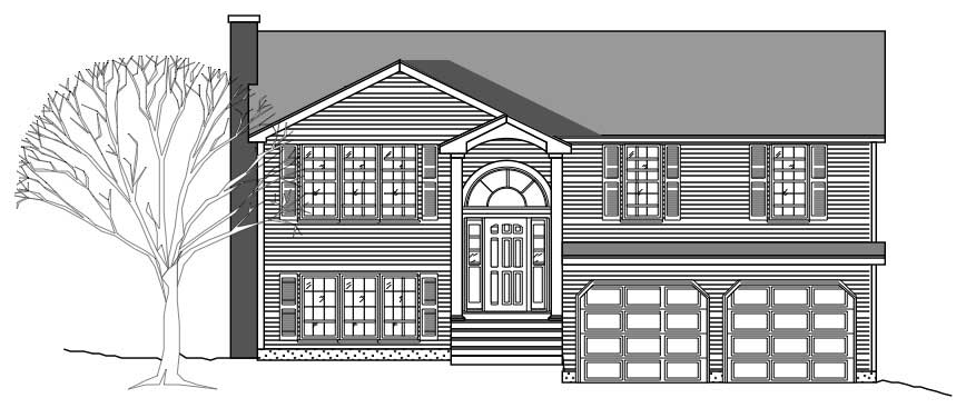 This image shows the front elevation of these Multi-Level House Plans.