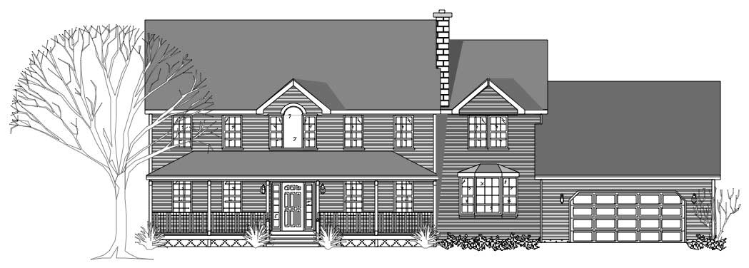This image shows the front elevation of these Country House Plans.