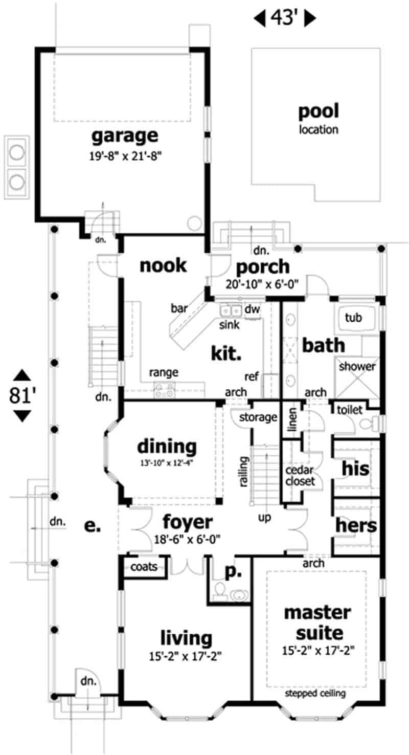 Floor Plan Main Level of Colonial Plan #116-1054