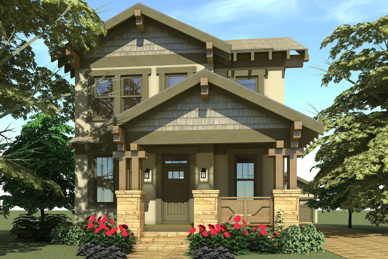 Color rendering of Arts and Crafts home plan (ThePlanCollection: House Plan #116-1087)