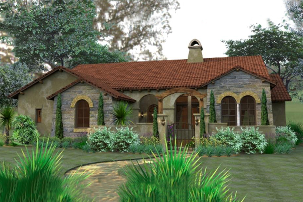 Front elevation of Tuscan home (ThePlanCollection: House Plan #117-1055)