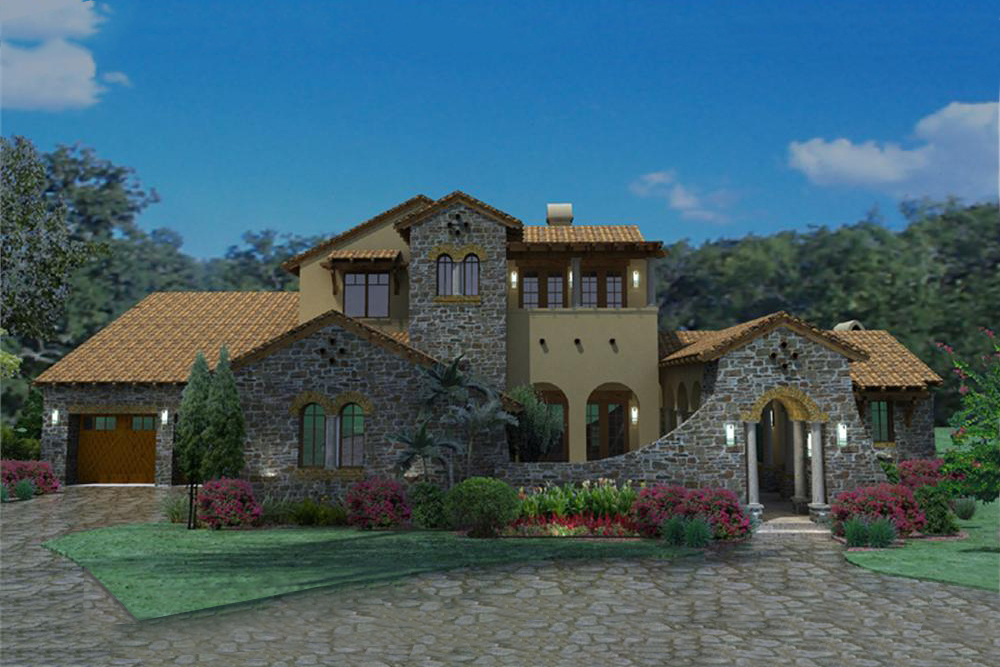 Photo-realistic rendering of Luxury home plan (ThePlanCollection: House Plan #117-1093)
