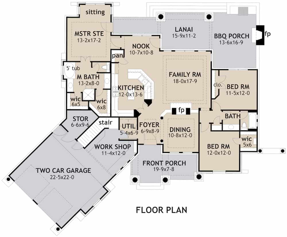 Floor Plan Main Level of Ranch Plan #117-1107