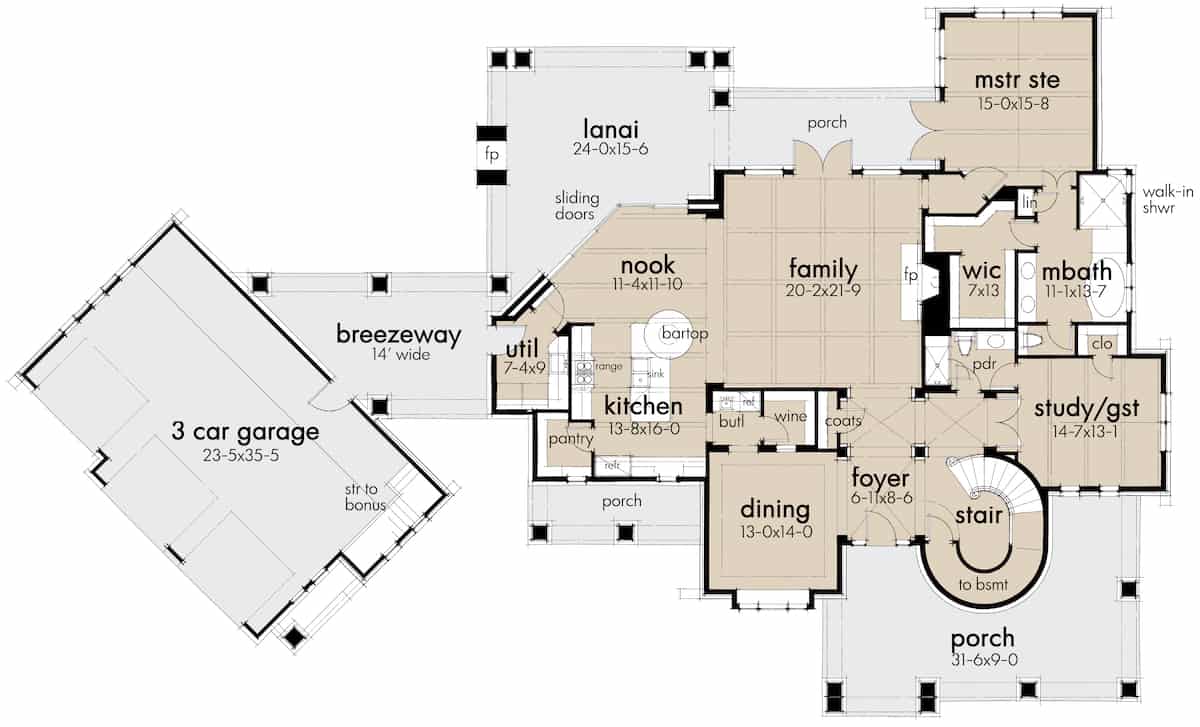 Floor Plan Main Level of Farmhouse Plan #117-1110