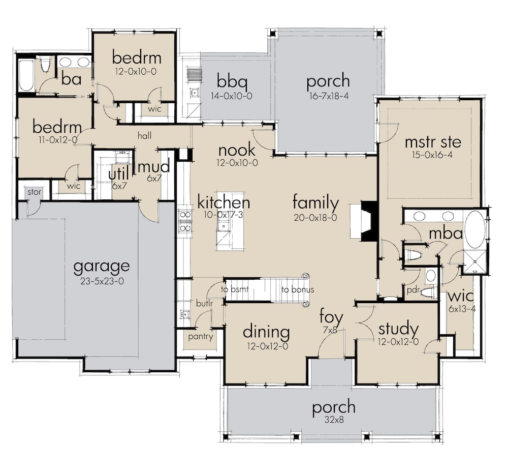 Floor Plan Main Level of Cottage Plan #117-1131