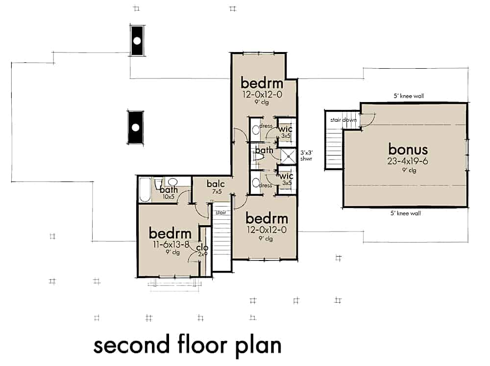 Floor Plan Upper Level of Farmhouse Plan #117-1138
