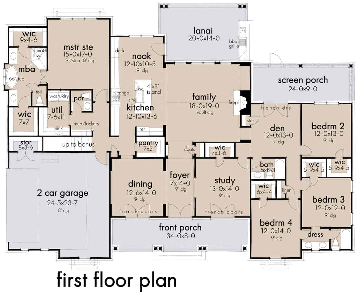 Floor Plan Main Level of Ranch Plan #117-1142
