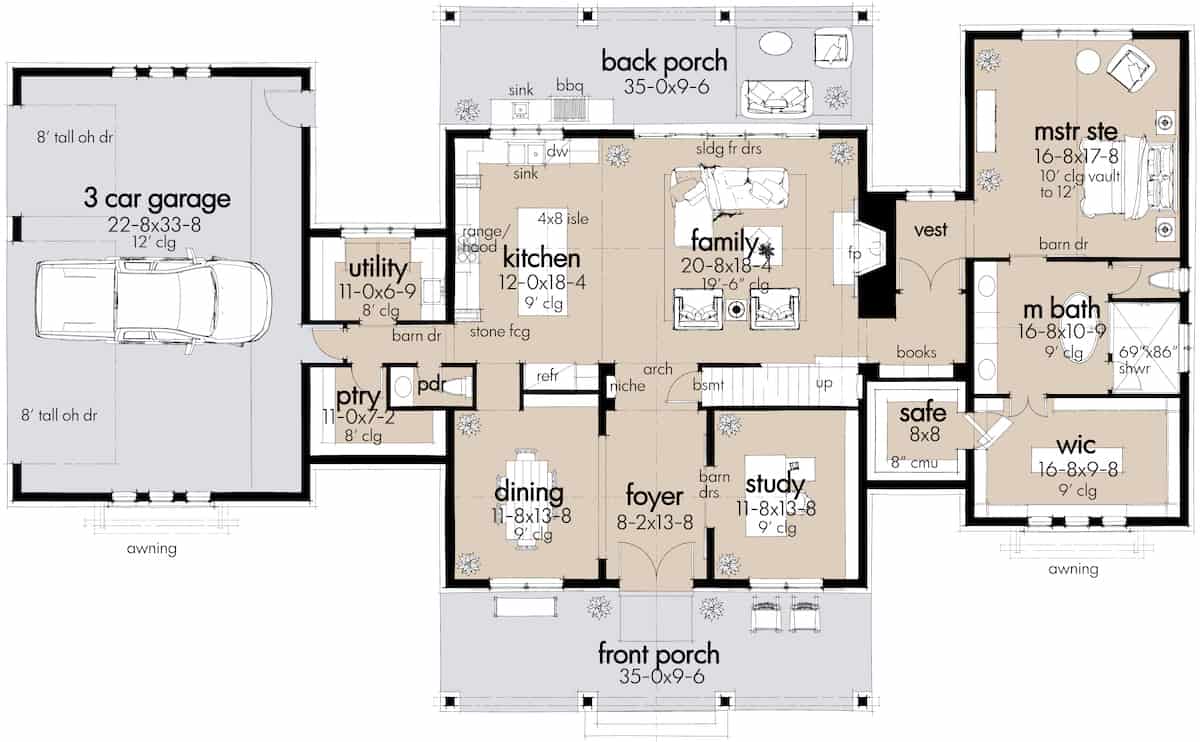 Main Level of Farmhouse Plan #117-1144